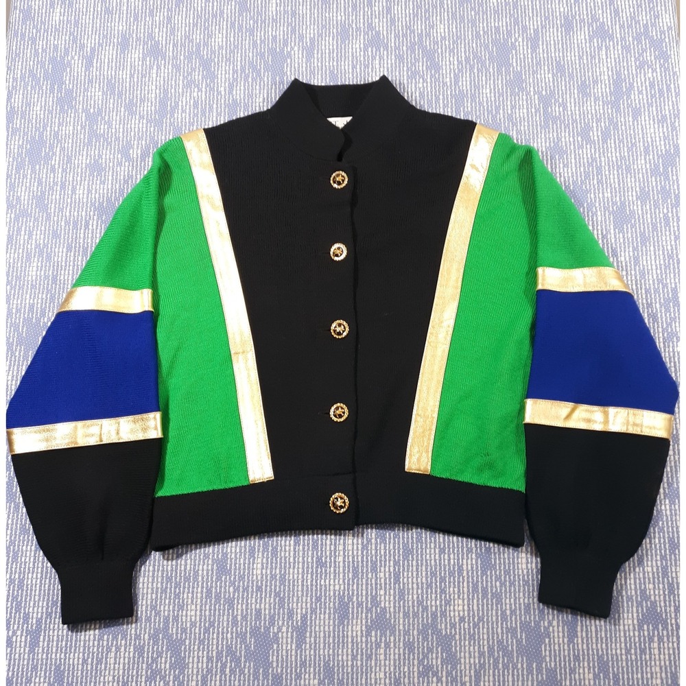 St. John Sportswear Sweater Colorblock Gold Leather Trim Womens Medium Made USA